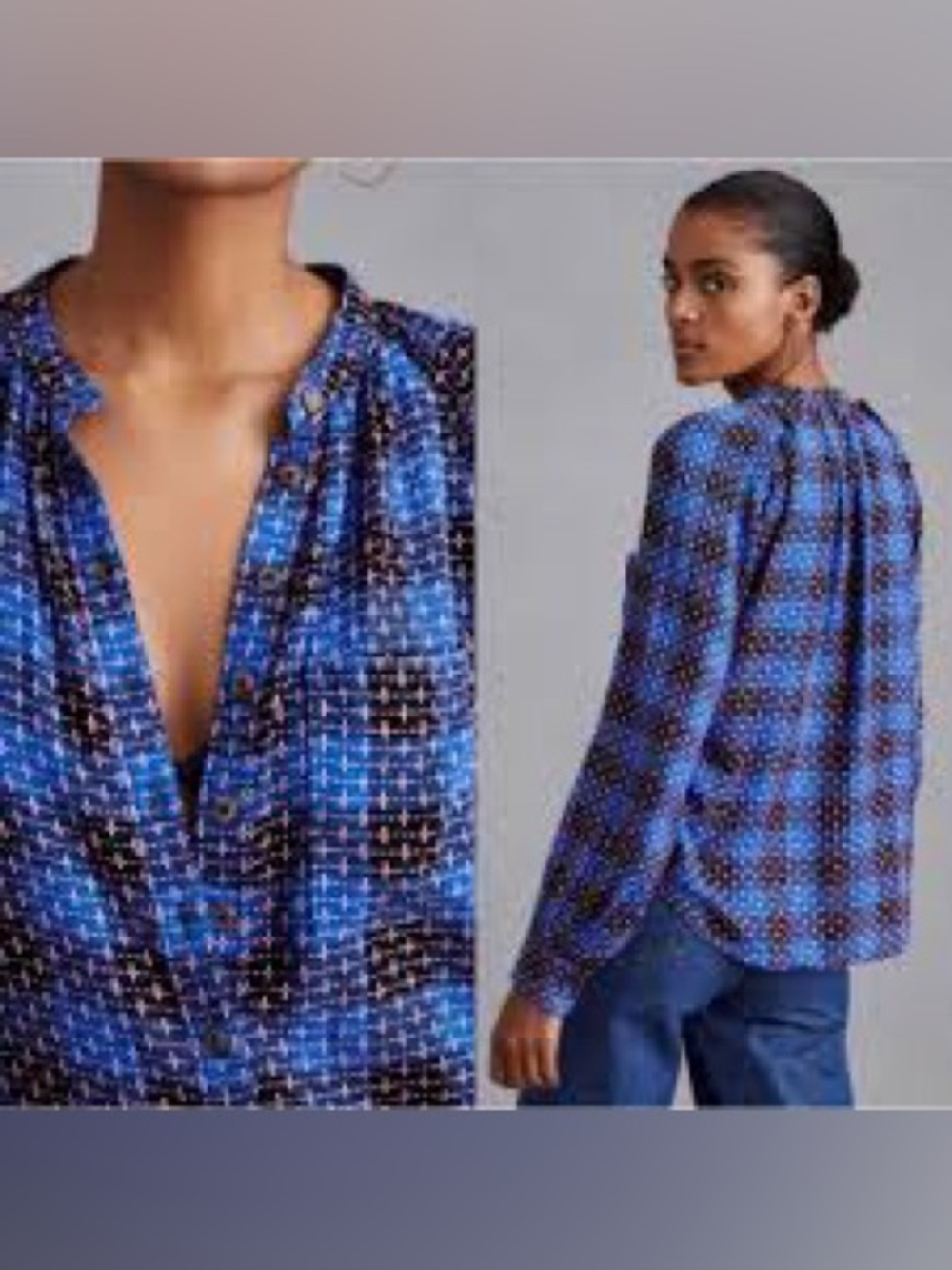 Anthropologie Pilcro blue embroidered plaid button-down long-sleeve blouse - Picture 2 of 8